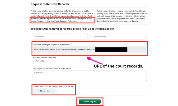 Remove the court record from the Trellis Law platform